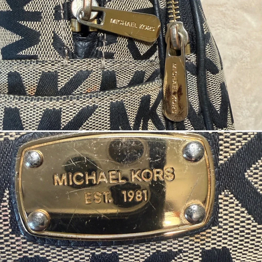 Michael Kors Abbey Medium Backpack Monogram Jacquard Beige Black Gold 35F7XAYB3J
